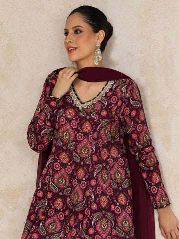 Ethnic Printed V Neck Chudidar Sleeve Anarkali With Trouser & Dupatta