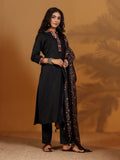 Varanga Women Mandarin Collar Embroidered Straight Kurta With Trouser & Floral Printed Dupatta