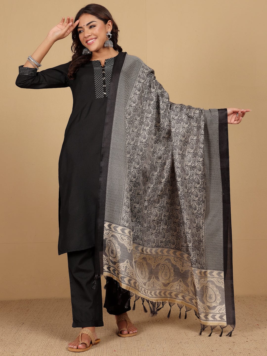Varanga Women Thread Embroidered Yoke Kurta With Trouser & Jacquard Dupatta