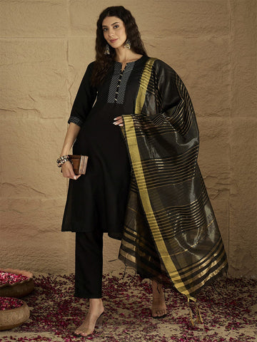 Varanga Women Thread Embroidered Yoke Kurta With Trouser & Jacquard Dupatta