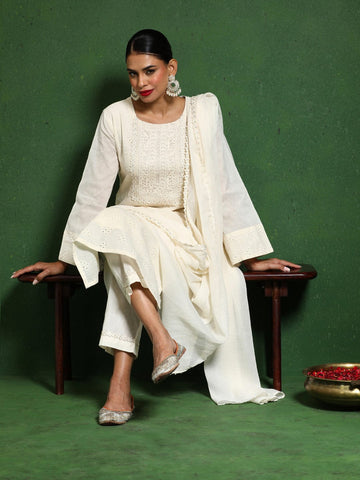 Varanga Women Schiffli With Zari & Lace Detailed Yoke With Trouser & Dupatta