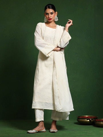 Varanga Women Schiffli With Zari & Lace Detailed Yoke With Trouser & Dupatta