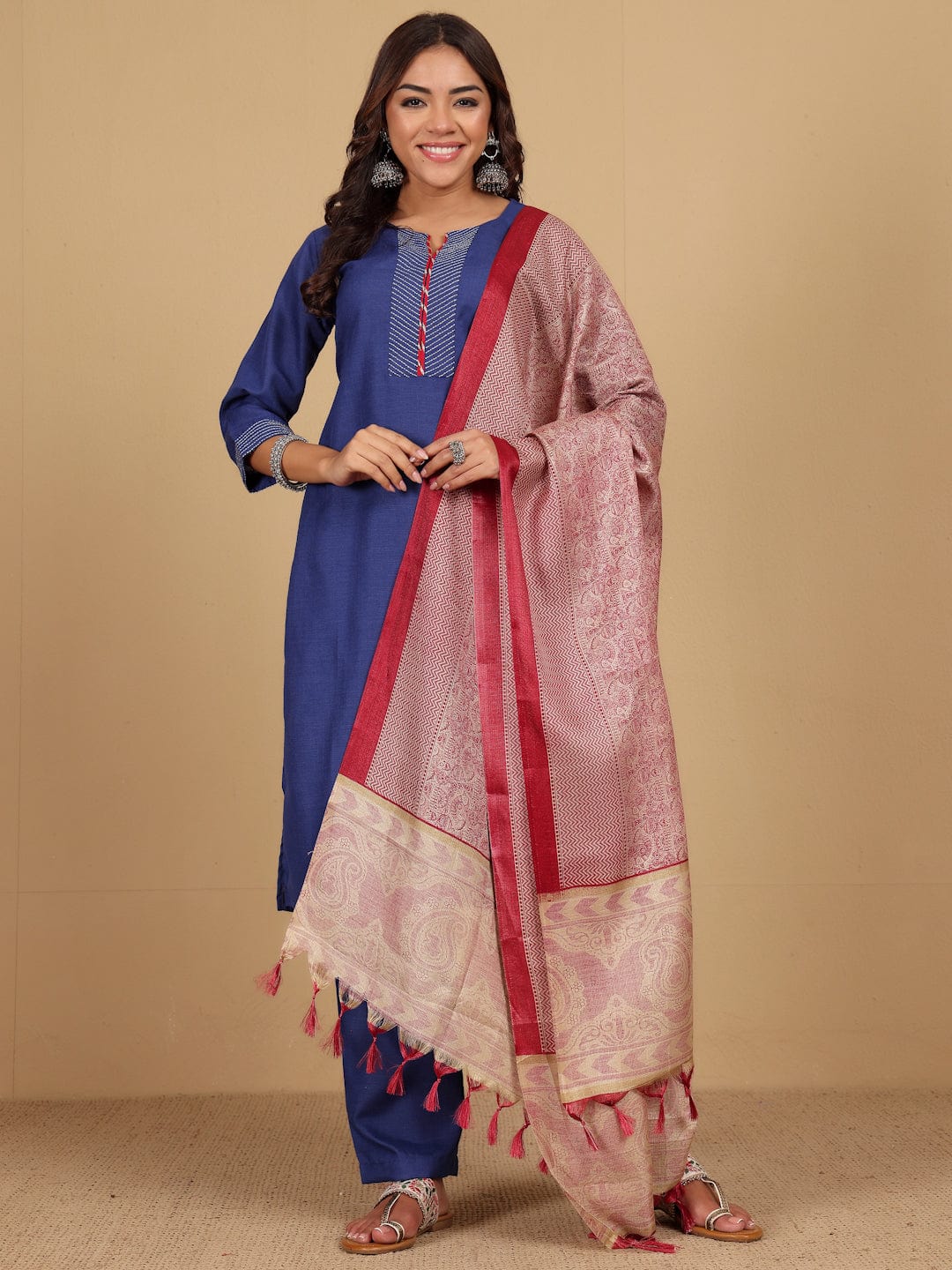 Varanga Women V Neck Straight Kurta With Pants & Dupatta