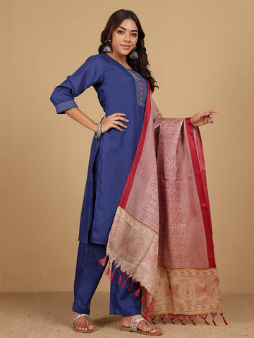 Varanga Women V Neck Straight Kurta With Pants & Dupatta