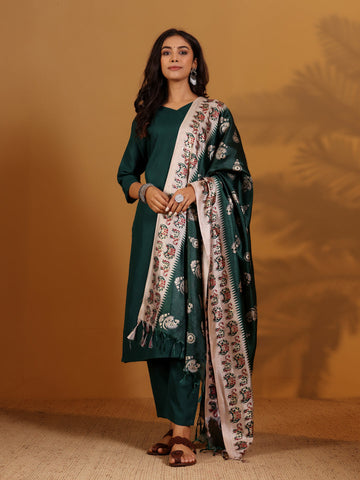 Varanga Women V Neck Kurta With Trouser And Printed Dupatta