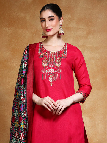 Varanga Women Floral Yoke Design Regular Thread Work Kurta with Trousers & with Dupatta
