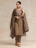 Varanga Brown Ethnic Jaipuri Printed Thread Embroidered Kurta With Trouser & Dupatta