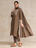 Brown Ethnic Jaipuri Printed Thread Embroidered Kurta With Trouser & Dupatta