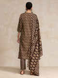 Varanga Brown Ethnic Jaipuri Printed Thread Embroidered Kurta With Trouser & Dupatta