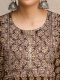 Brown Ethnic Jaipuri Printed Thread Embroidered Kurta With Trouser & Dupatta