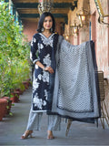 Bold Floral V Neck Printed Kurta With Trouser & Dupatta