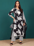 Bold Floral V Neck Printed Kurta With Trouser & Dupatta