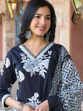 Bold Floral V Neck Printed Kurta With Trouser & Dupatta