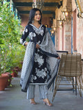 Bold Floral V Neck Printed Kurta With Trouser & Dupatta