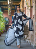 Bold Floral V Neck Printed Kurta With Trouser & Dupatta