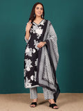 Bold Floral V Neck Printed Kurta With Trouser & Dupatta