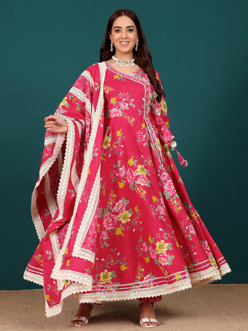 Floral Printed Angrakha Anarkali Kurta With Trouser & Dupatta