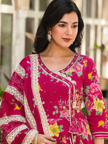 Floral Printed Angrakha Anarkali Kurta With Trouser & Dupatta