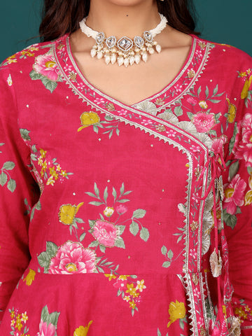 Floral Printed Angrakha Anarkali Kurta With Trouser & Dupatta