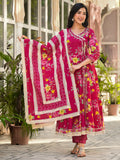 Floral Printed Angrakha Anarkali Kurta With Trouser & Dupatta