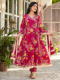 Floral Printed Angrakha Anarkali Kurta With Trouser & Dupatta