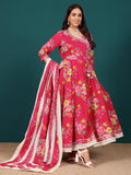 Floral Printed Angrakha Anarkali Kurta With Trouser & Dupatta