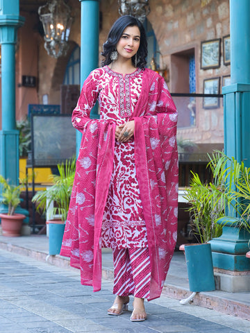 Varanga Women Pink Floral Printed Thread Embroidered Cotton Kurta With Trouser & Dupatta