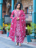 Varanga Women Pink Floral Printed Thread Embroidered Cotton Kurta With Trouser & Dupatta