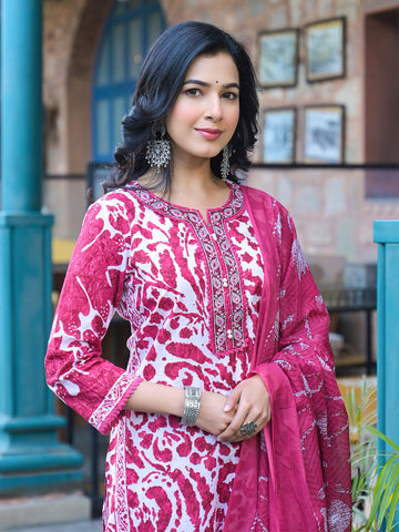 Varanga Women Pink Floral Printed Thread Embroidered Cotton Kurta With Trouser & Dupatta