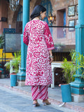 Varanga Women Pink Floral Printed Thread Embroidered Cotton Kurta With Trouser & Dupatta