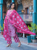 Varanga Women Pink Floral Printed Thread Embroidered Cotton Kurta With Trouser & Dupatta