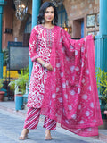 Varanga Women Pink Floral Printed Thread Embroidered Cotton Kurta With Trouser & Dupatta