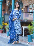 Varanga Women Blue Floral Printed Thread Embroidered Cotton Kurta With Trouser & Dupatta