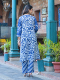 Varanga Women Blue Floral Printed Thread Embroidered Cotton Kurta With Trouser & Dupatta