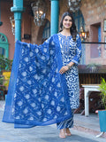 Varanga Women Blue Floral Printed Thread Embroidered Cotton Kurta With Trouser & Dupatta