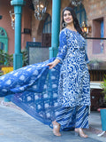 Varanga Women Blue Floral Printed Thread Embroidered Cotton Kurta With Trouser & Dupatta