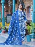 Varanga Women Blue Floral Printed Thread Embroidered Cotton Kurta With Trouser & Dupatta