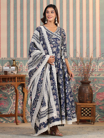 Varanga Women Floral Printed Angrakha Anarkali Kurta With Trouser & Dupatta