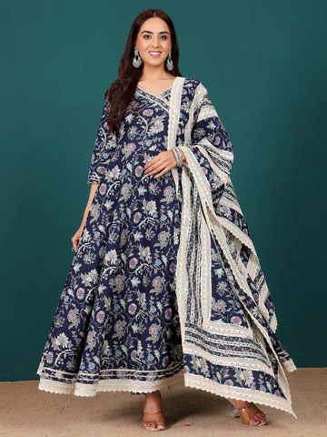 Varanga Women Floral Printed Angrakha Anarkali Kurta With Trouser & Dupatta