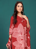 Bold Floral Printed V Neck Embroidered Kurta With Trouser & Dupatta