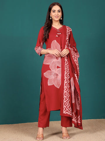 Bold Floral Printed V Neck Embroidered Kurta With Trouser & Dupatta