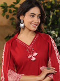 Bold Floral Printed V Neck Embroidered Kurta With Trouser & Dupatta