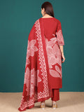 Bold Floral Printed V Neck Embroidered Kurta With Trouser & Dupatta