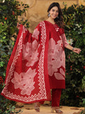 Bold Floral Printed V Neck Embroidered Kurta With Trouser & Dupatta