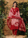 Bold Floral Printed V Neck Embroidered Kurta With Trouser & Dupatta