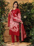 Bold Floral Printed V Neck Embroidered Kurta With Trouser & Dupatta