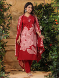 Bold Floral Printed V Neck Embroidered Kurta With Trouser & Dupatta