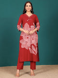 Bold Floral Printed V Neck Embroidered Kurta With Trouser & Dupatta