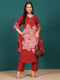 Bold Floral Printed V Neck Embroidered Kurta With Trouser & Dupatta