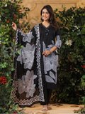 Bold Floral Printed V Neck Embroidered Kurta With Trouser & Dupatta